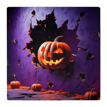 halloween themed mahjong mat featuring a glowing pumpkin breaking through purple cracked walls