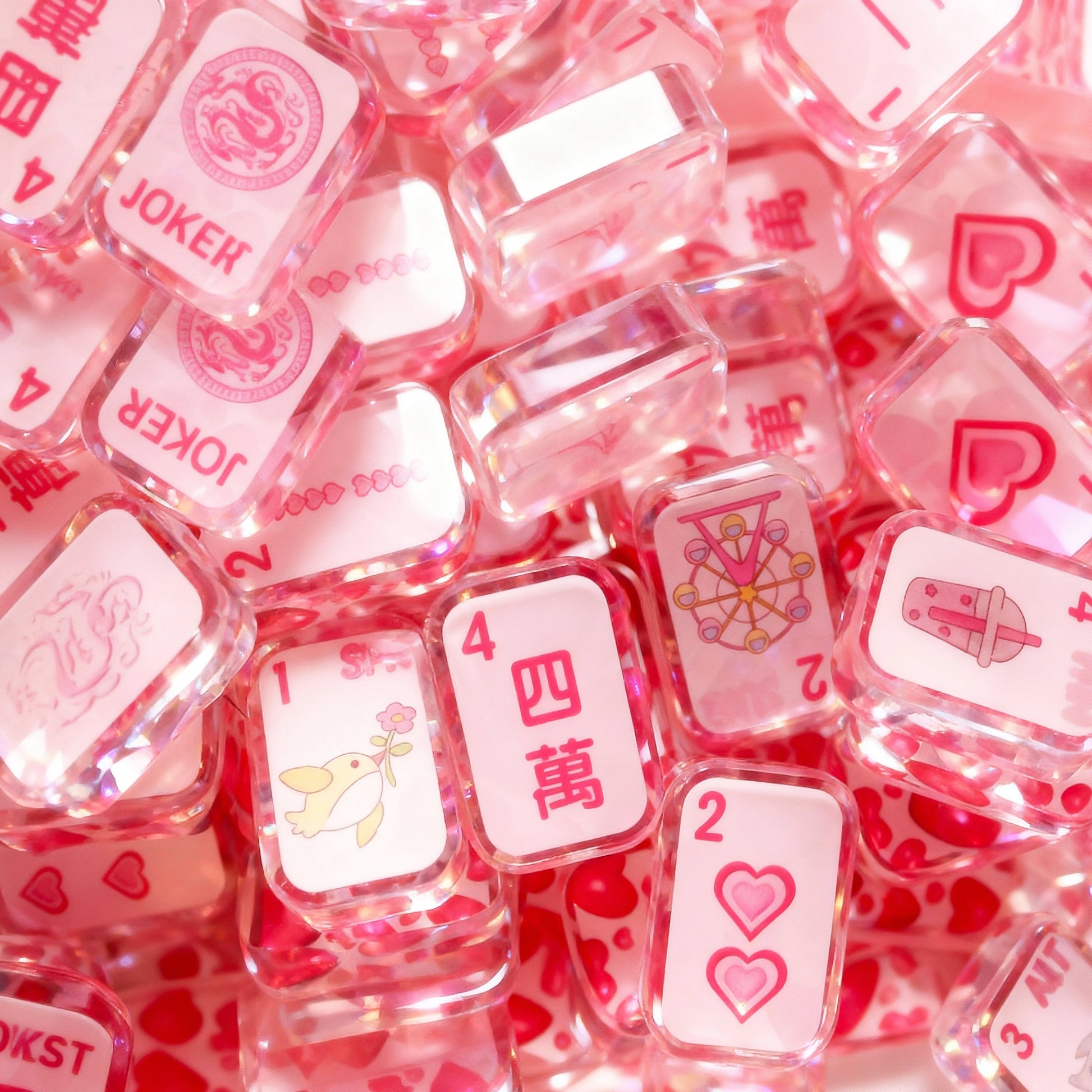Fall in Love transparent acrylic mahjong set with pink tiles and blue storage box