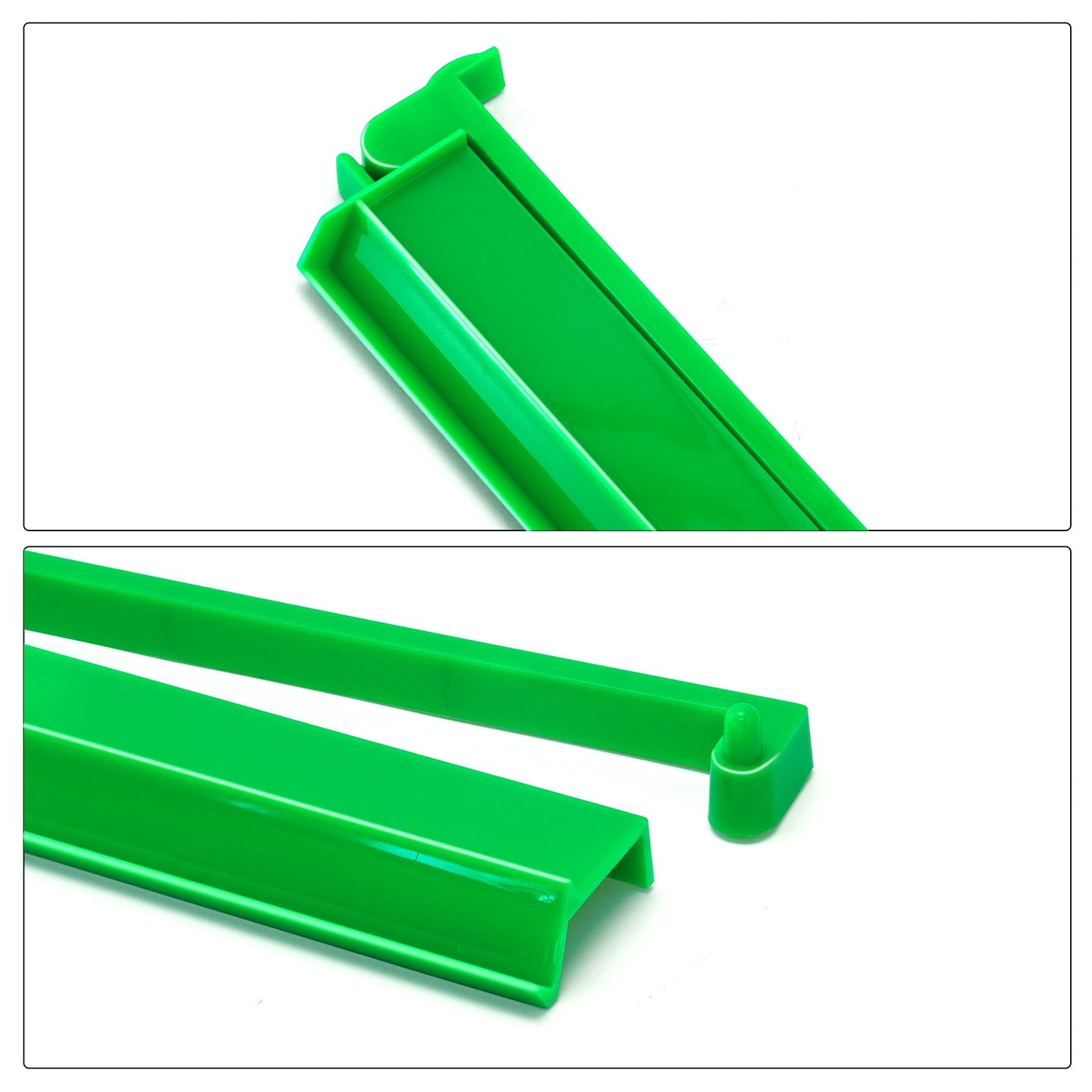 Close up detail of green acrylic mahjong rack and pusher set