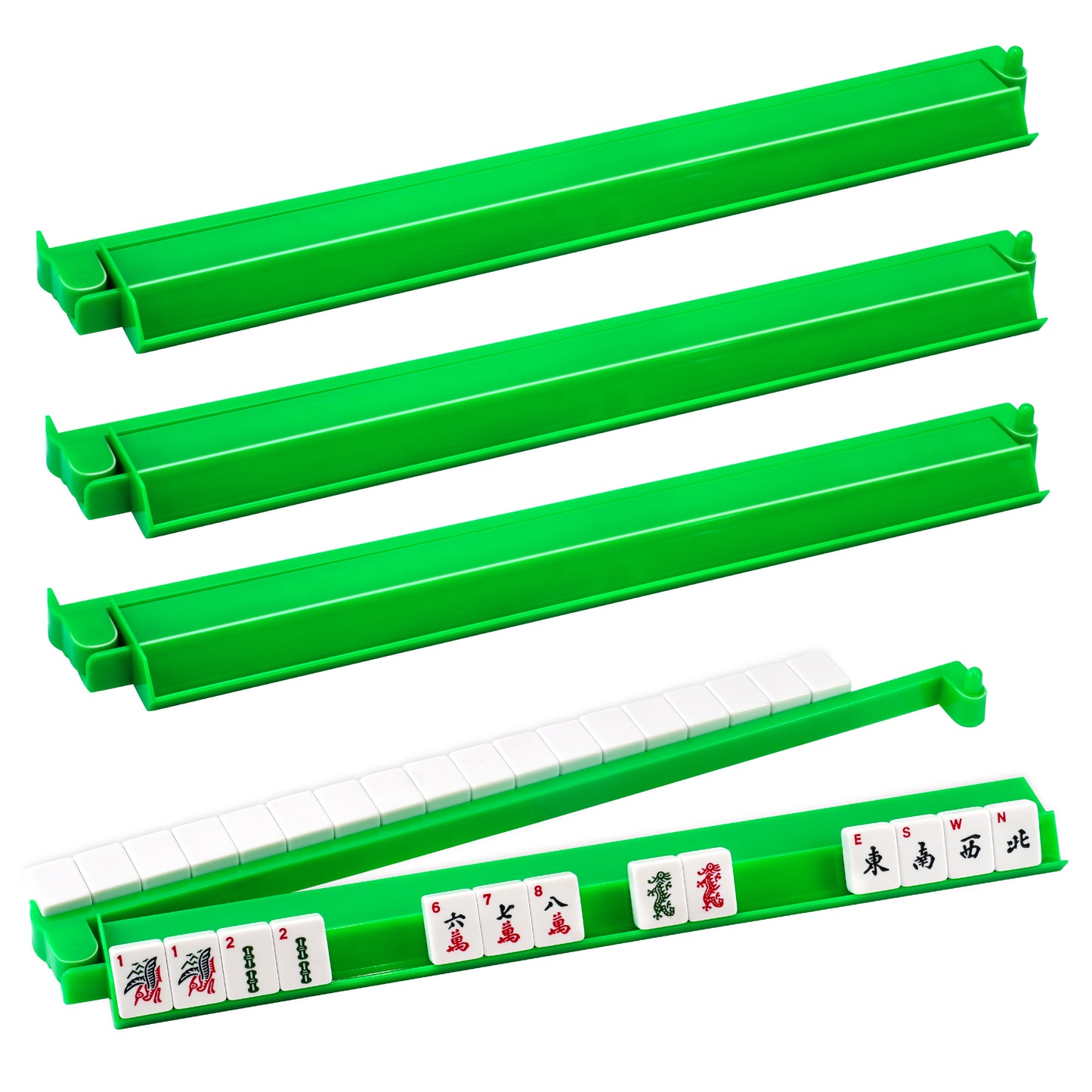 Green acrylic mahjong rack and pusher set showing multiple viewing angles