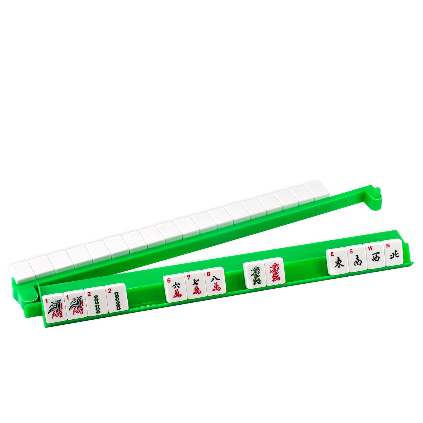 Side view of green acrylic mahjong rack with attached pusher and tiles