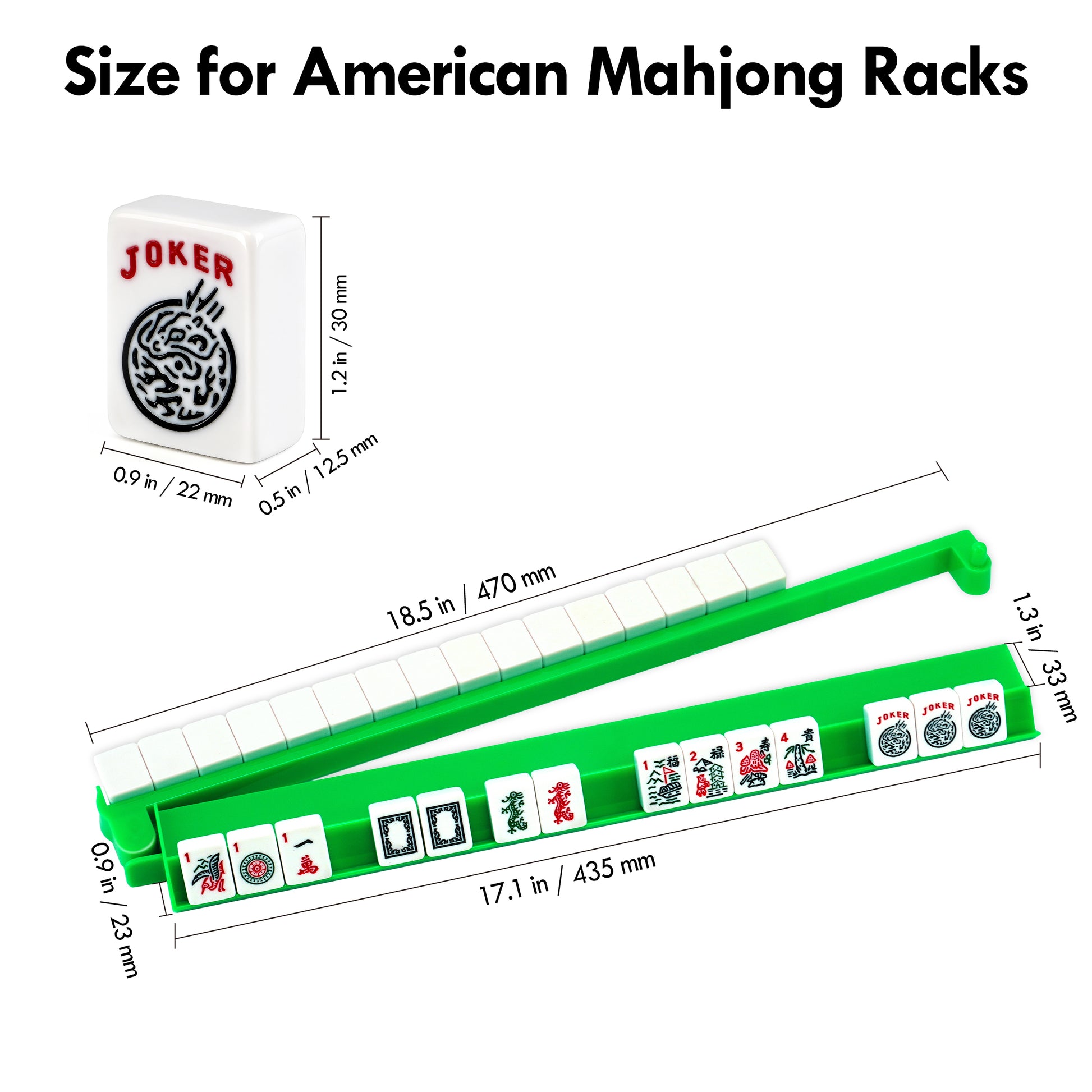 Size guide for green acrylic mahjong rack for American Mahjong tiles