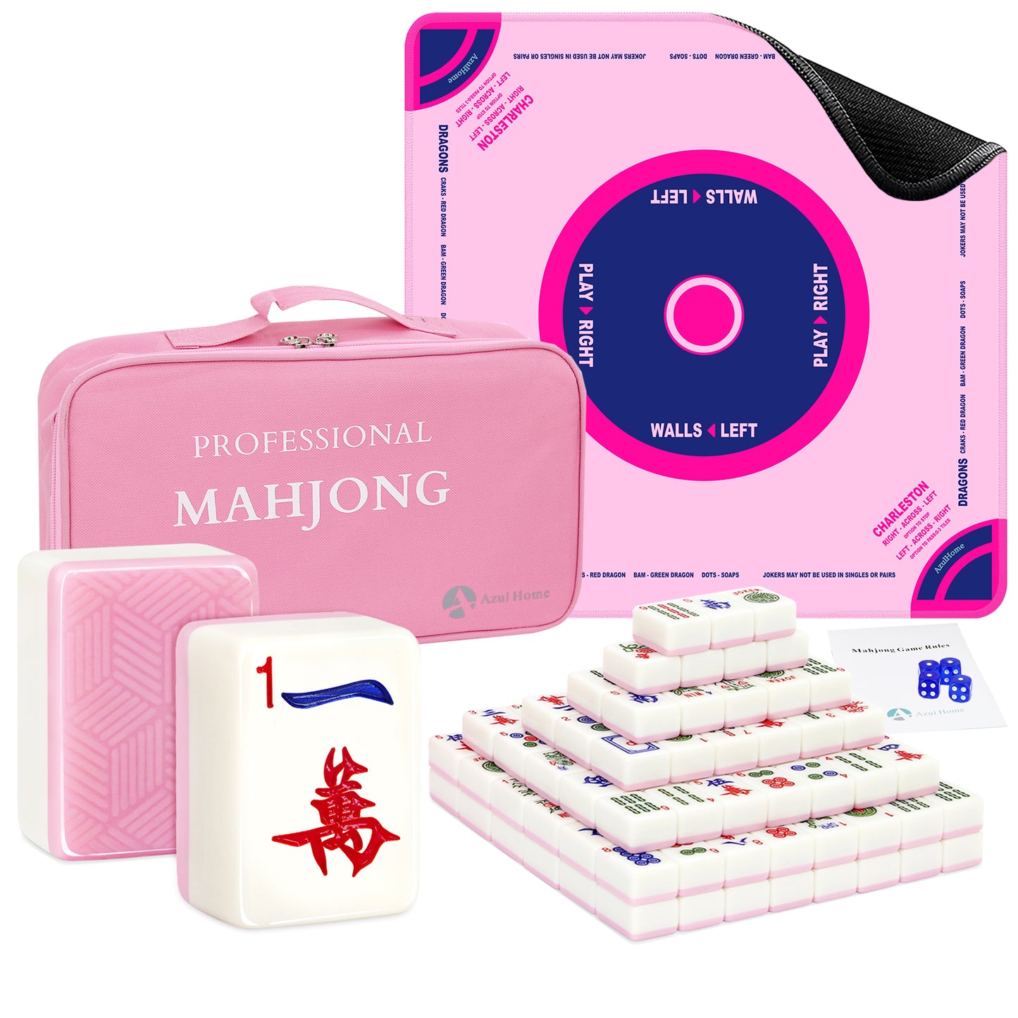 Complete pink mahjong set with carrying case, tiles, joker card, and play mat