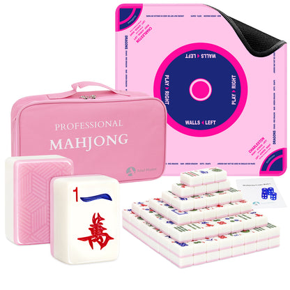 Complete pink mahjong set with carrying case, tiles, joker card, and play mat