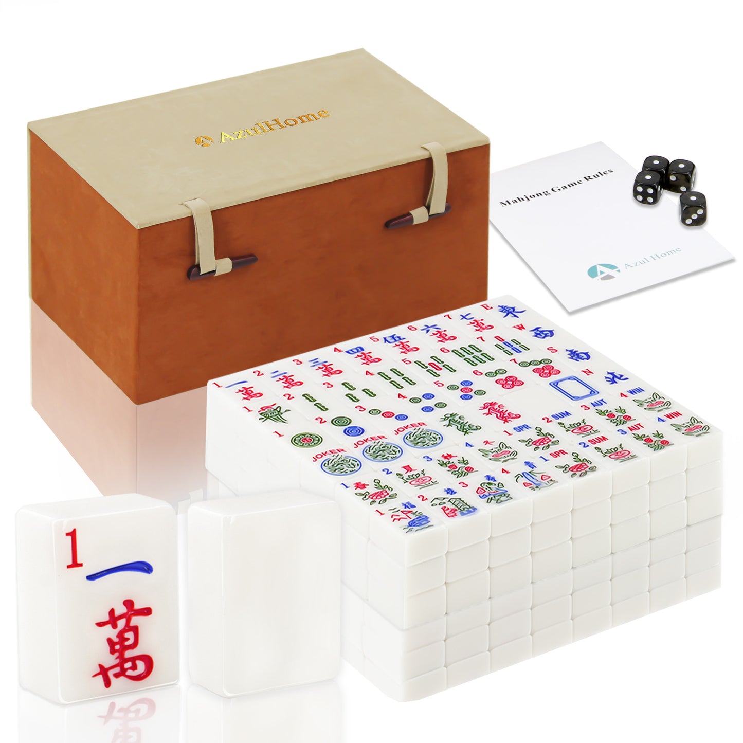 complete white ink painting mahjong set including tiles accessories and wooden storage box