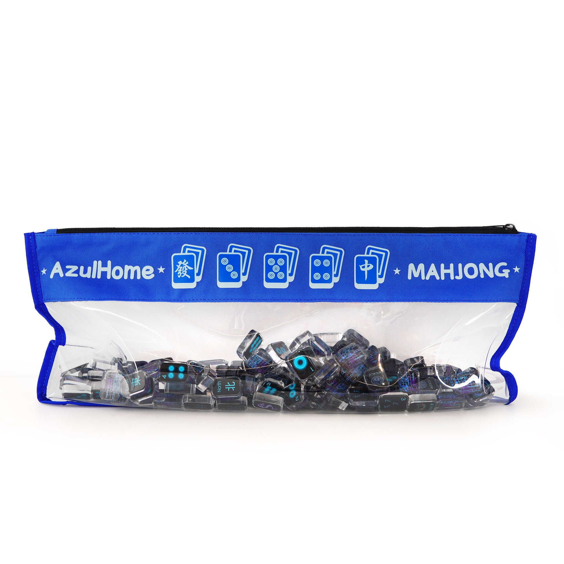mahjong storage bag with blue trim filled with mahjong tiles, featuring a clear front panel