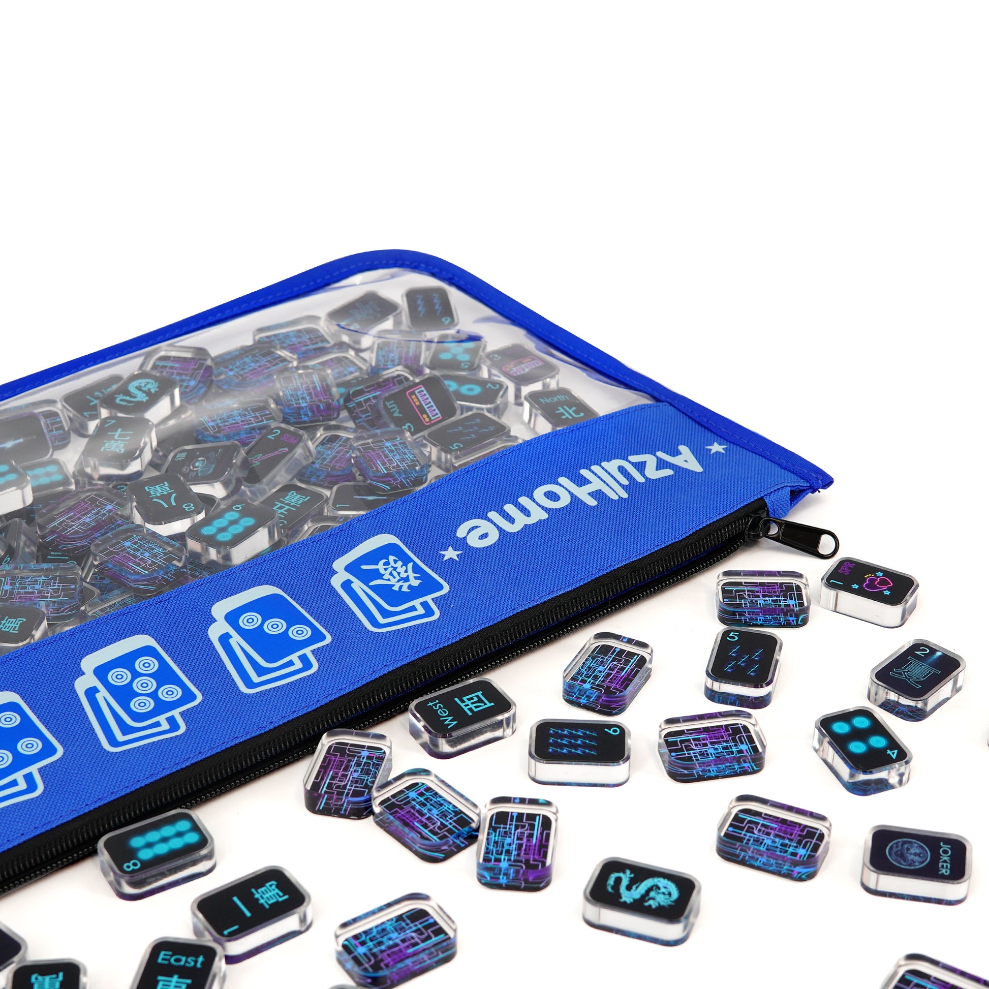 mahjong tiles arranged around a blue trimmed storage bag in a casual game setup