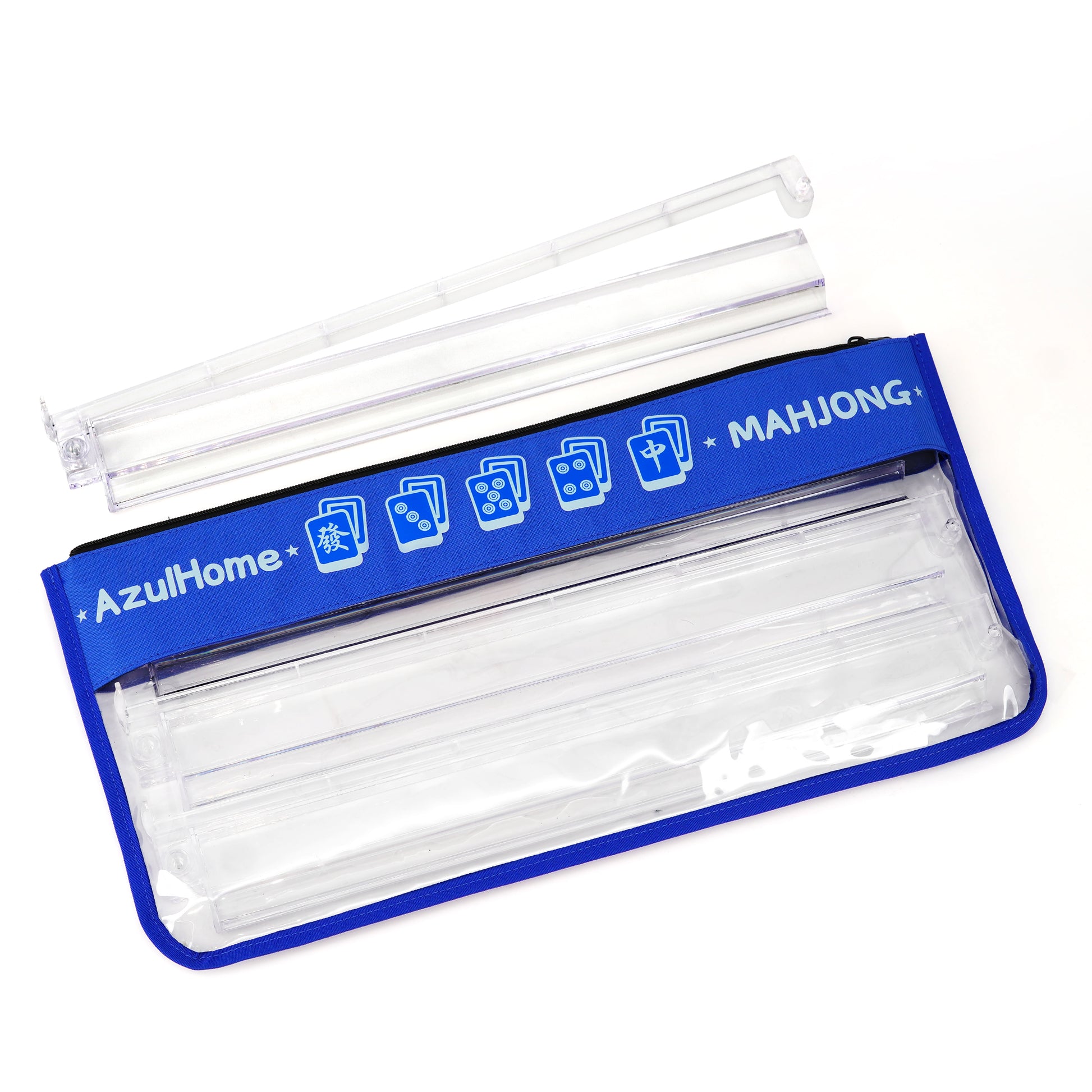 open mahjong bag showing clear interior space and zipper closure with blue edging