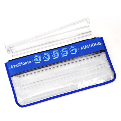 open mahjong bag showing clear interior space and zipper closure with blue edging