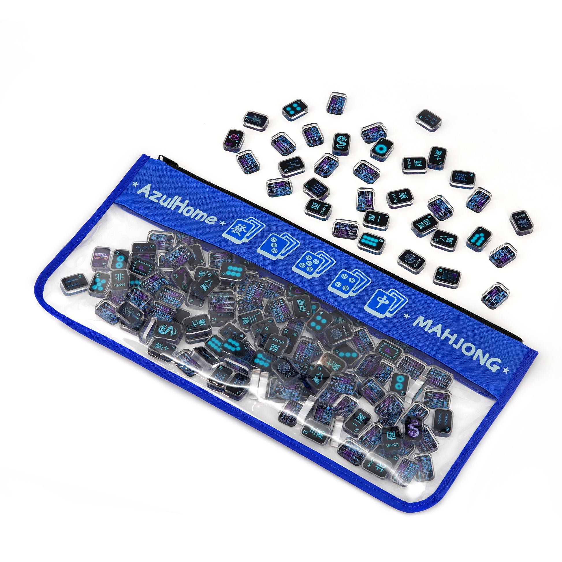 mahjong bag opened with tiles spilling out, showing capacity and easy access design