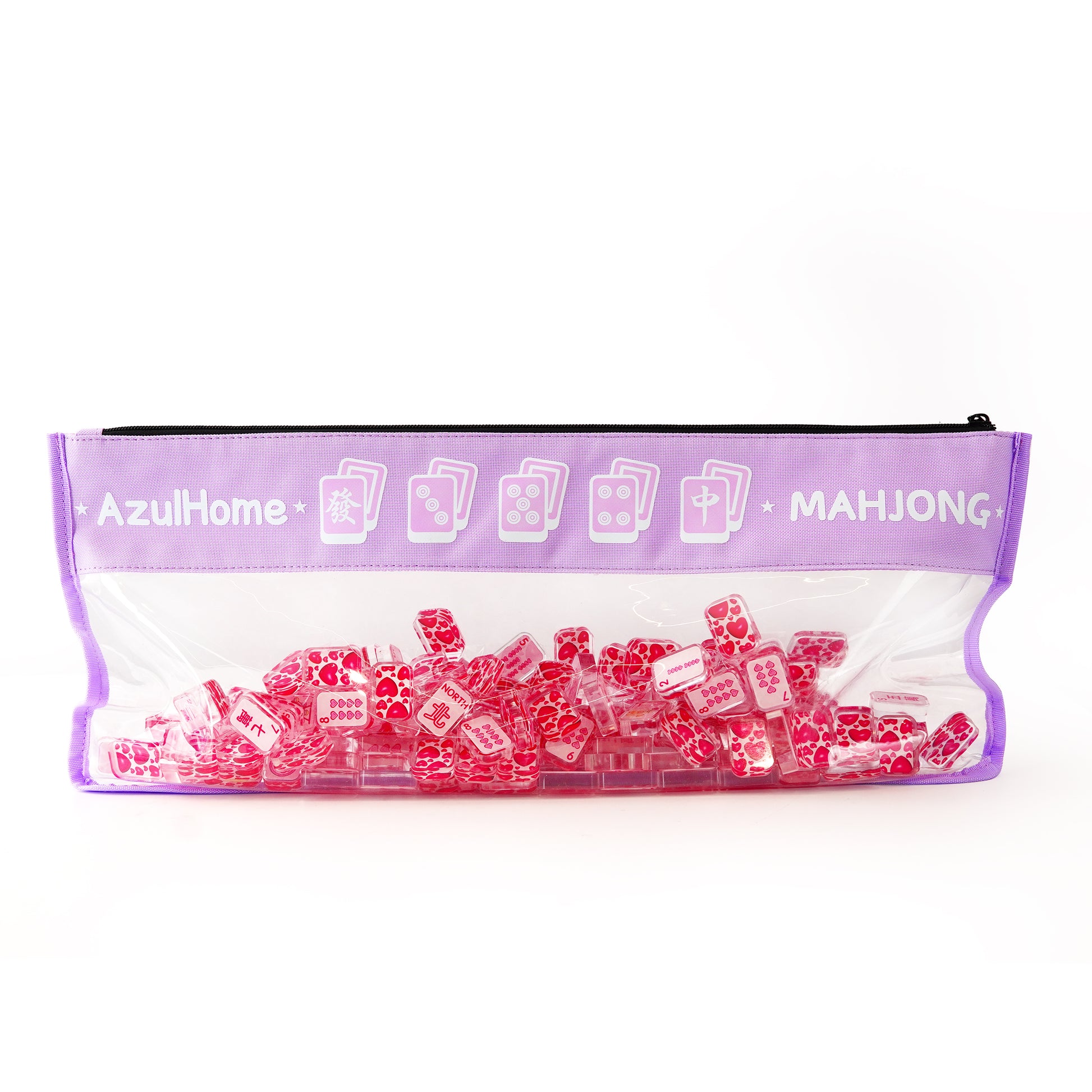lavender clear zippered mahjong bag filled with pink mahjong tiles