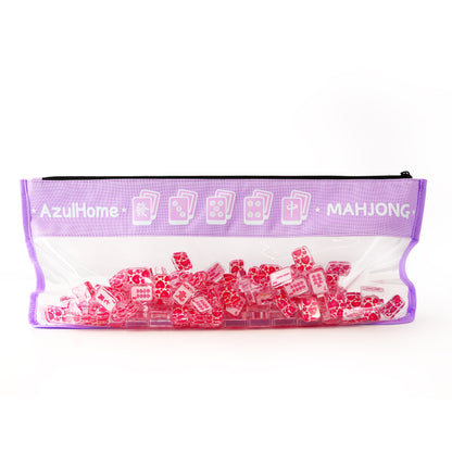 lavender clear zippered mahjong bag filled with pink mahjong tiles