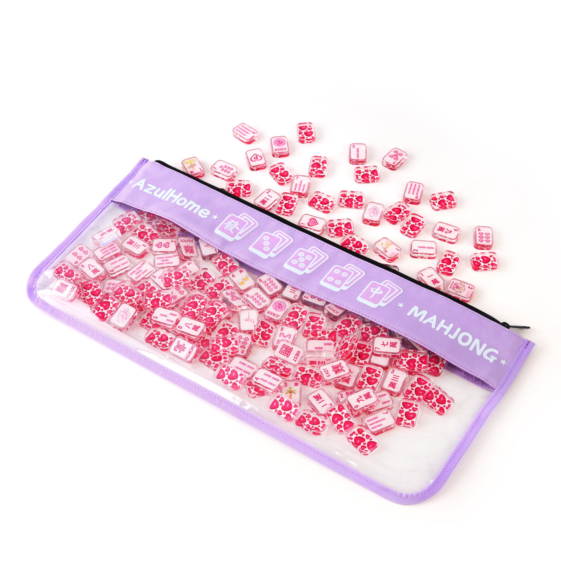 open lavender clear zippered mahjong bag with mahjong tiles spilling out