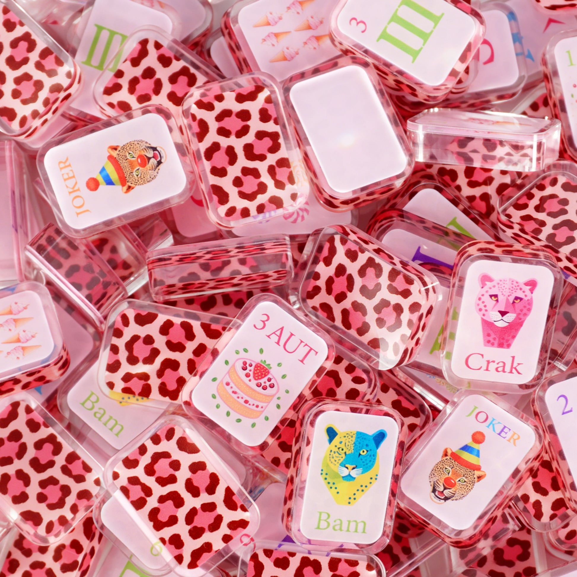 Luxury Pink Panther Mahjong Set with pink leopard print tiles and colorful designer details