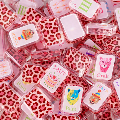 Luxury Pink Panther Mahjong Set with pink leopard print tiles and colorful designer details