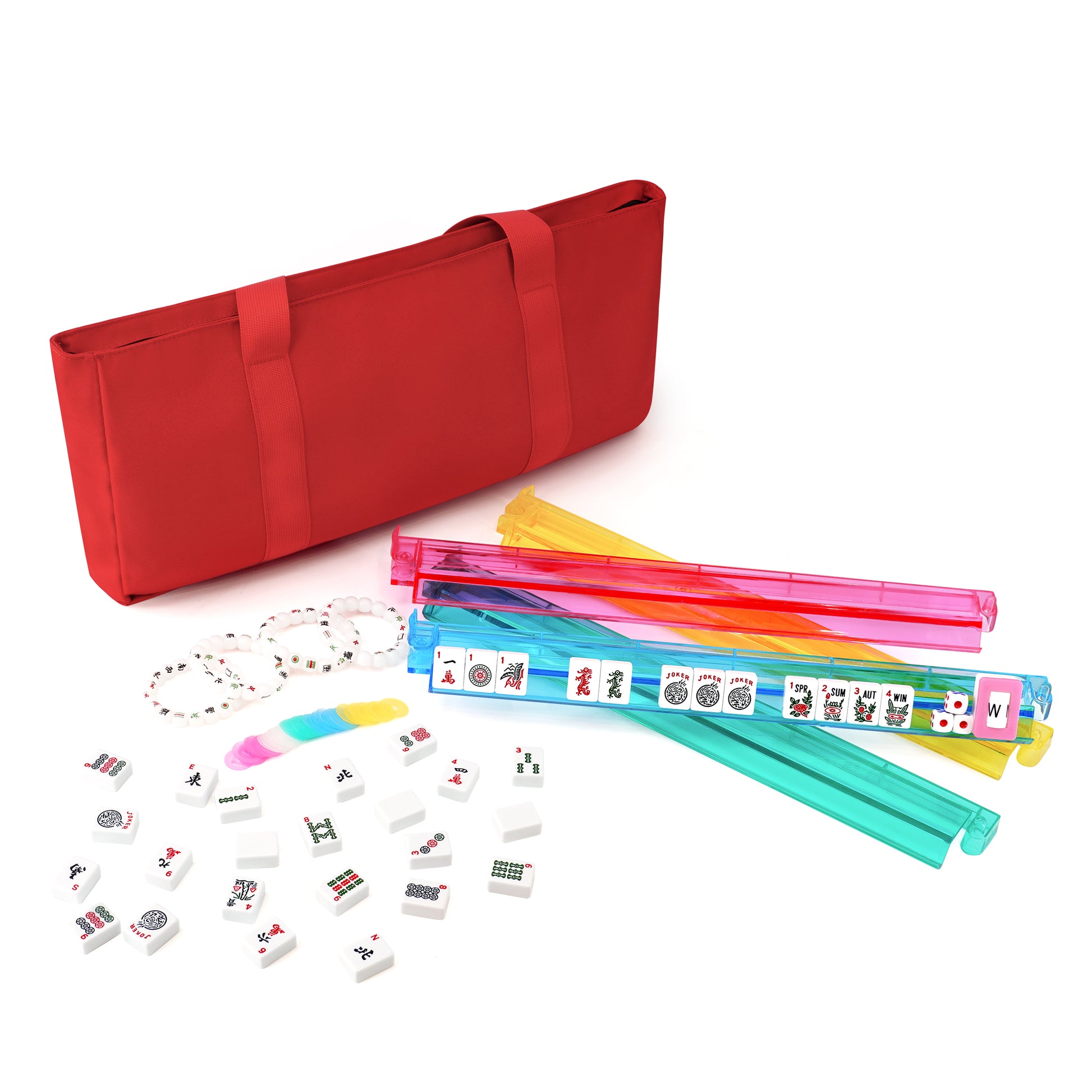 Magic Red Carrying Mahjong Set with 166 acrylic tiles and a durable red travel bag