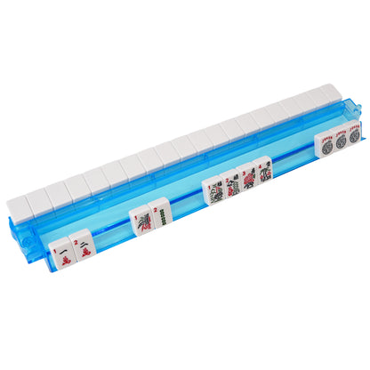 Mahjong tile set with blue holder on a white background