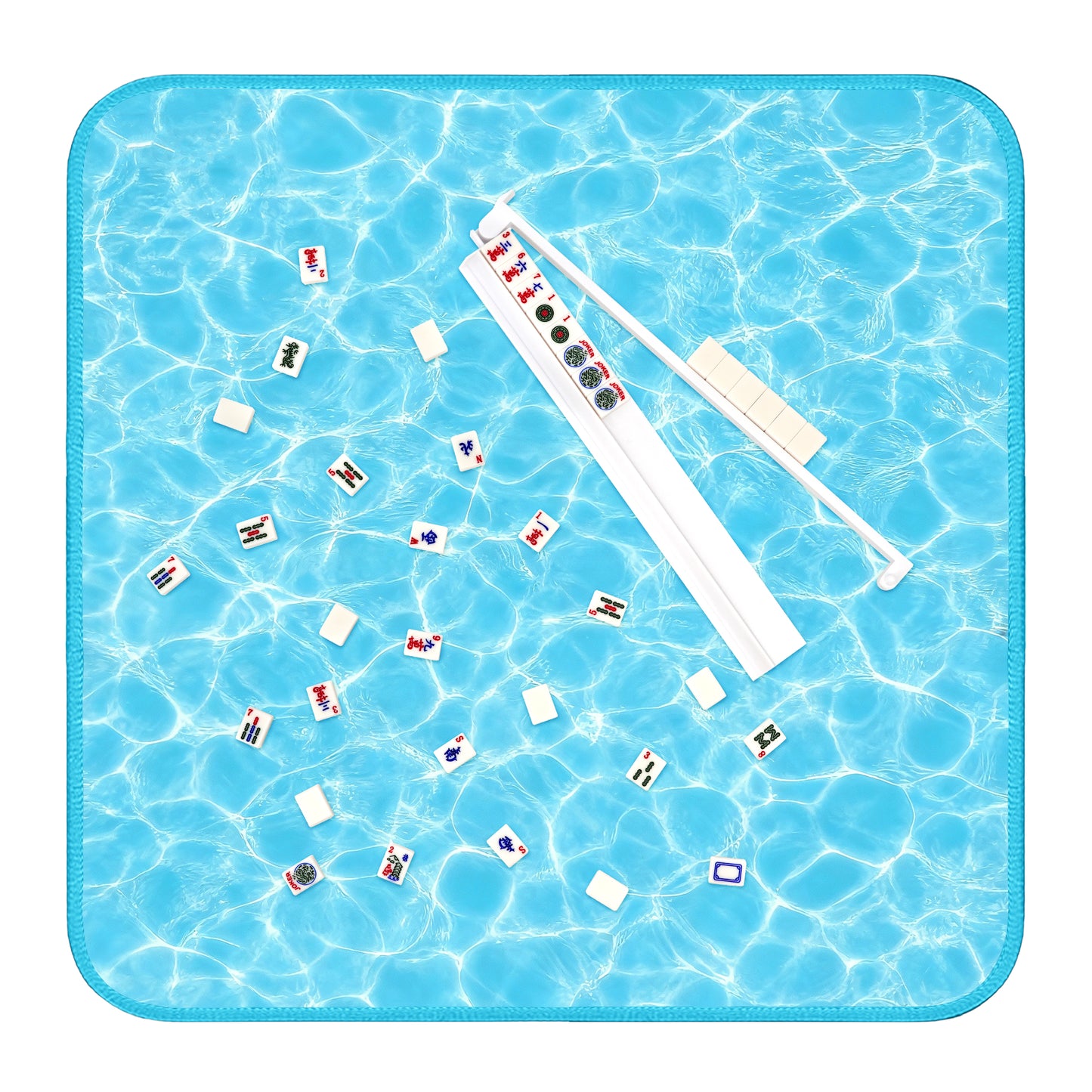 Mahjong play mat with blue water pool design, tiles, and white acrylic rack for American Mahjong