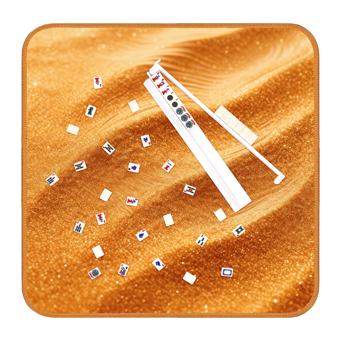 Mahjong play mat with desert sand design, tiles, and white acrylic rack for American Mahjong