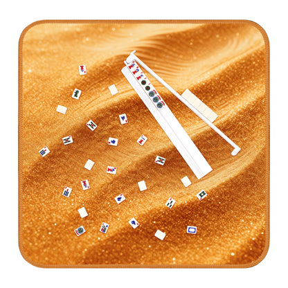 Mahjong play mat with desert sand design, tiles, and white acrylic rack for American Mahjong