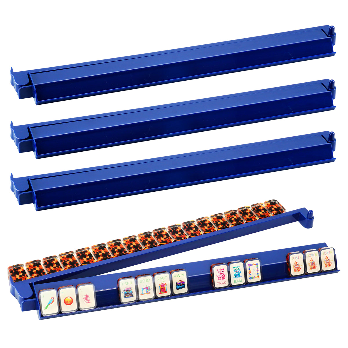 Midnight Blue acrylic Mahjong racks with built-in pushers for American Mahjong tiles