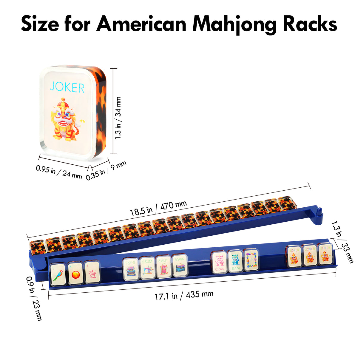 Size chart for Midnight Blue acrylic Mahjong rack and pusher set for American Mahjong