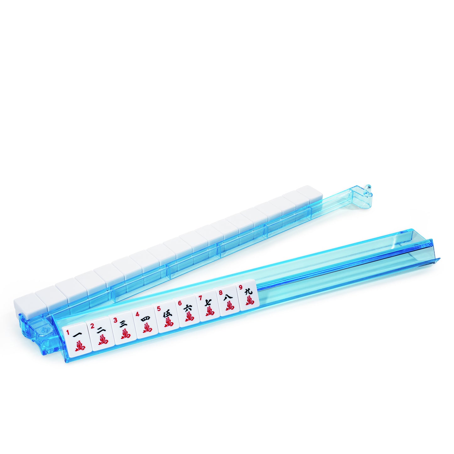 Side profile of multicolor acrylic Mahjong rack with attached pusher for easy tile movement