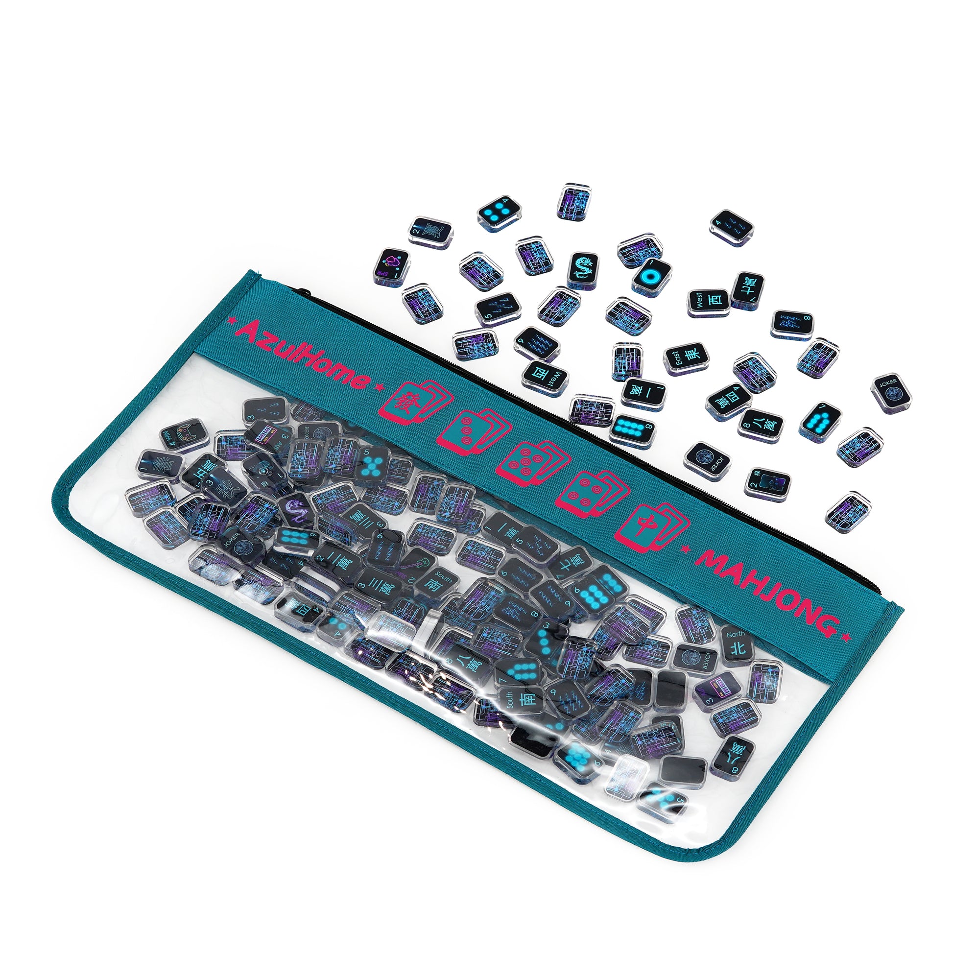 open neon mahjong bag with tiles spilling out, highlighting storage capacity and interior space