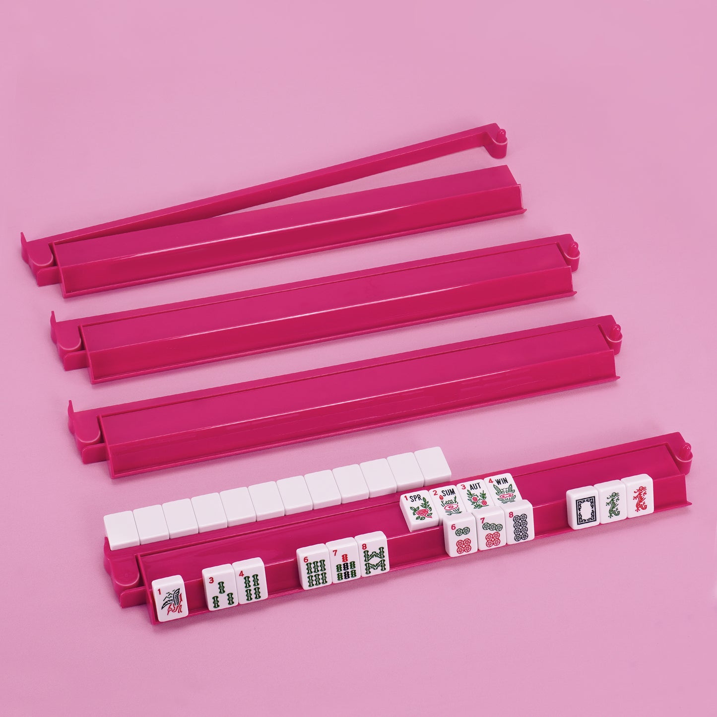 Pink acrylic mahjong rack and pusher set with 4 racks for American Mahjong tiles