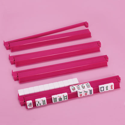 Pink acrylic mahjong rack and pusher set with 4 racks for American Mahjong tiles