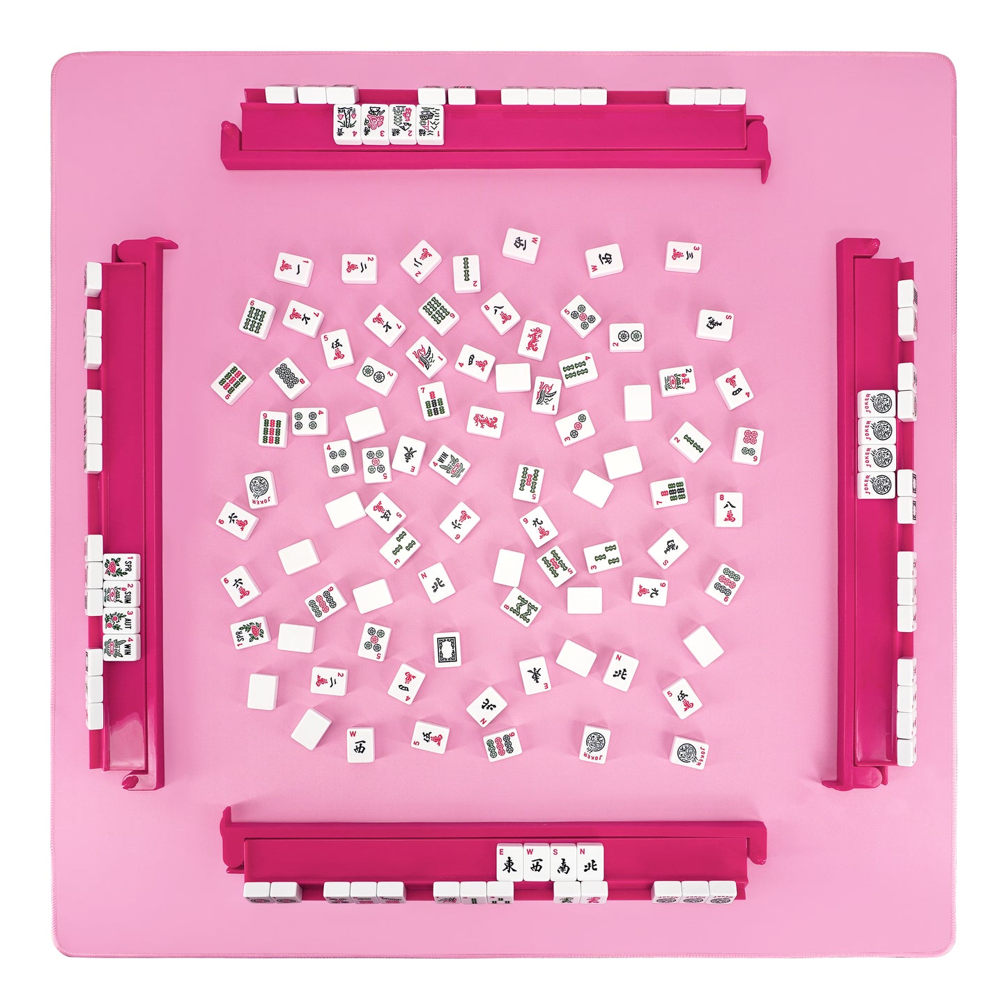 Top view of pink acrylic mahjong rack and pusher set arranged on game table with tiles