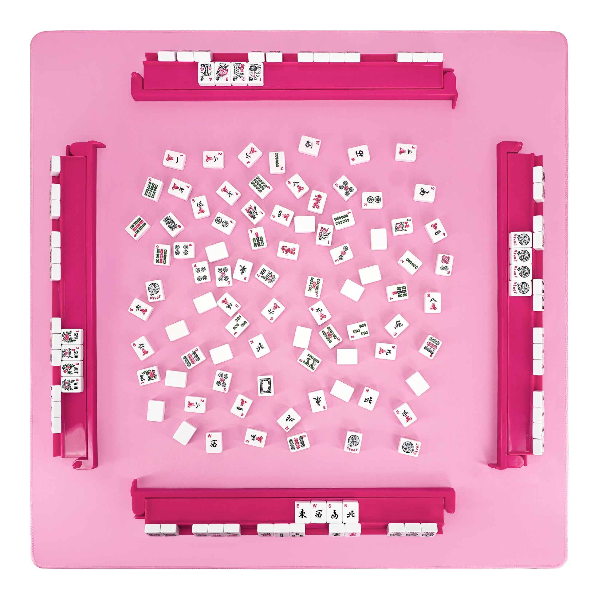 Top view of pink acrylic mahjong rack and pusher set arranged on game table with tiles