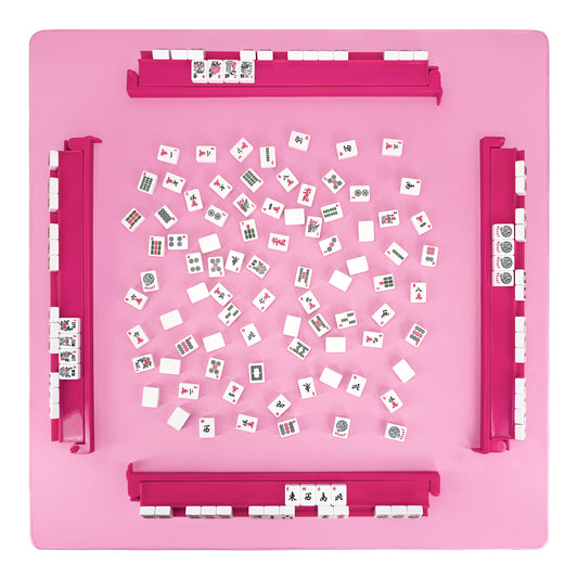 Top view of pink acrylic mahjong rack and pusher set arranged on game table with tiles