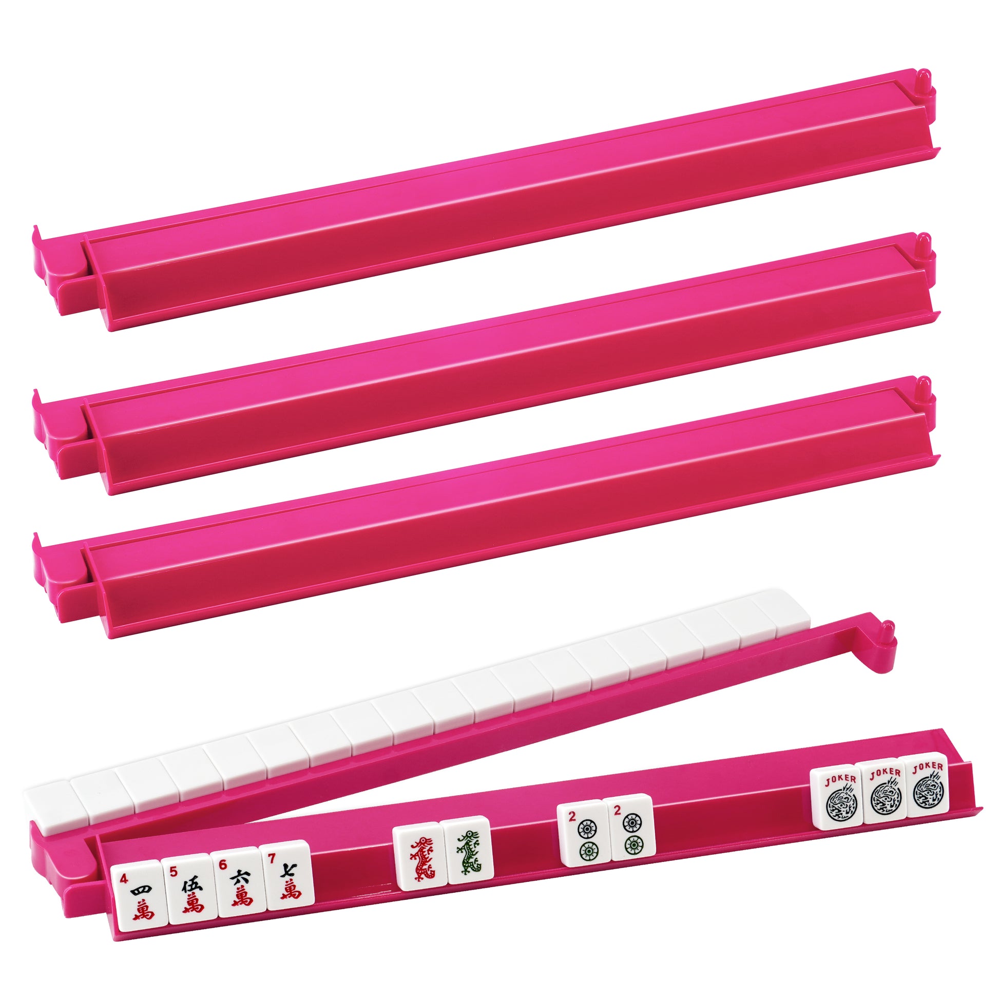 Pink acrylic mahjong rack and pusher set showing multiple viewing angles