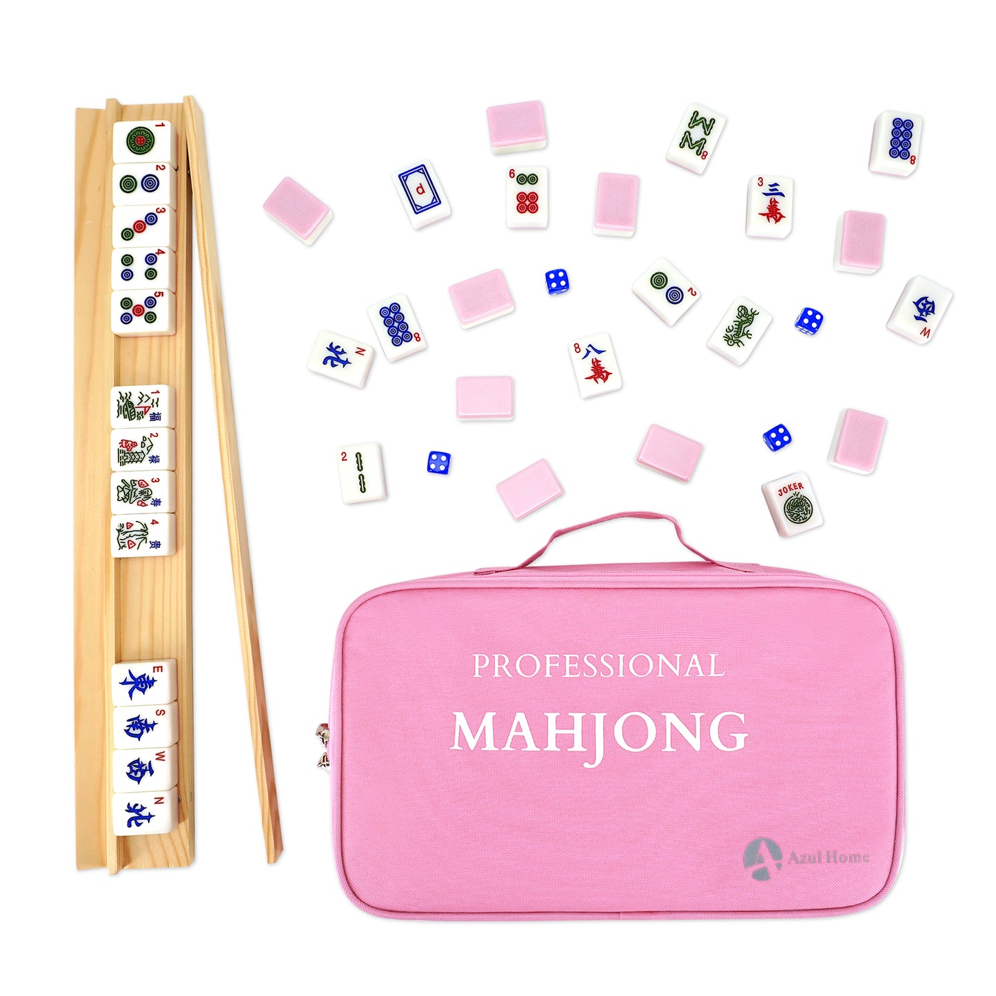 Pink mahjong set accessories with tiles, dice, scoring sticks, racks, and carrying case