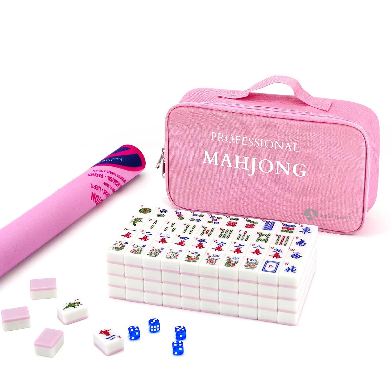 Pink American Mahjong set with tiles, pink carrying case, dice, and rolled play mat
