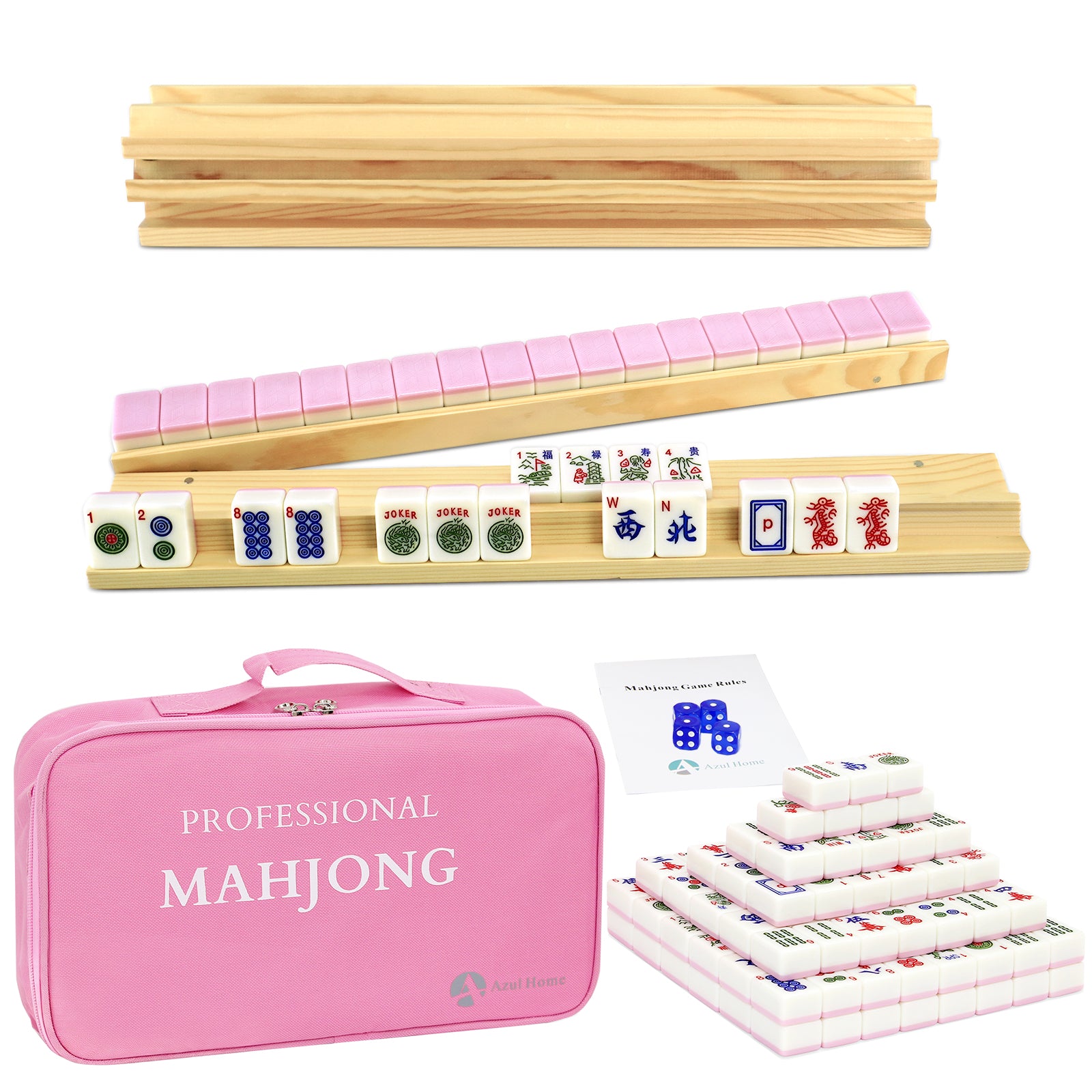 Complete pink mahjong set with carrying case, tiles, racks, and accessories