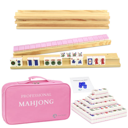 Complete pink mahjong set with carrying case, tiles, racks, and accessories
