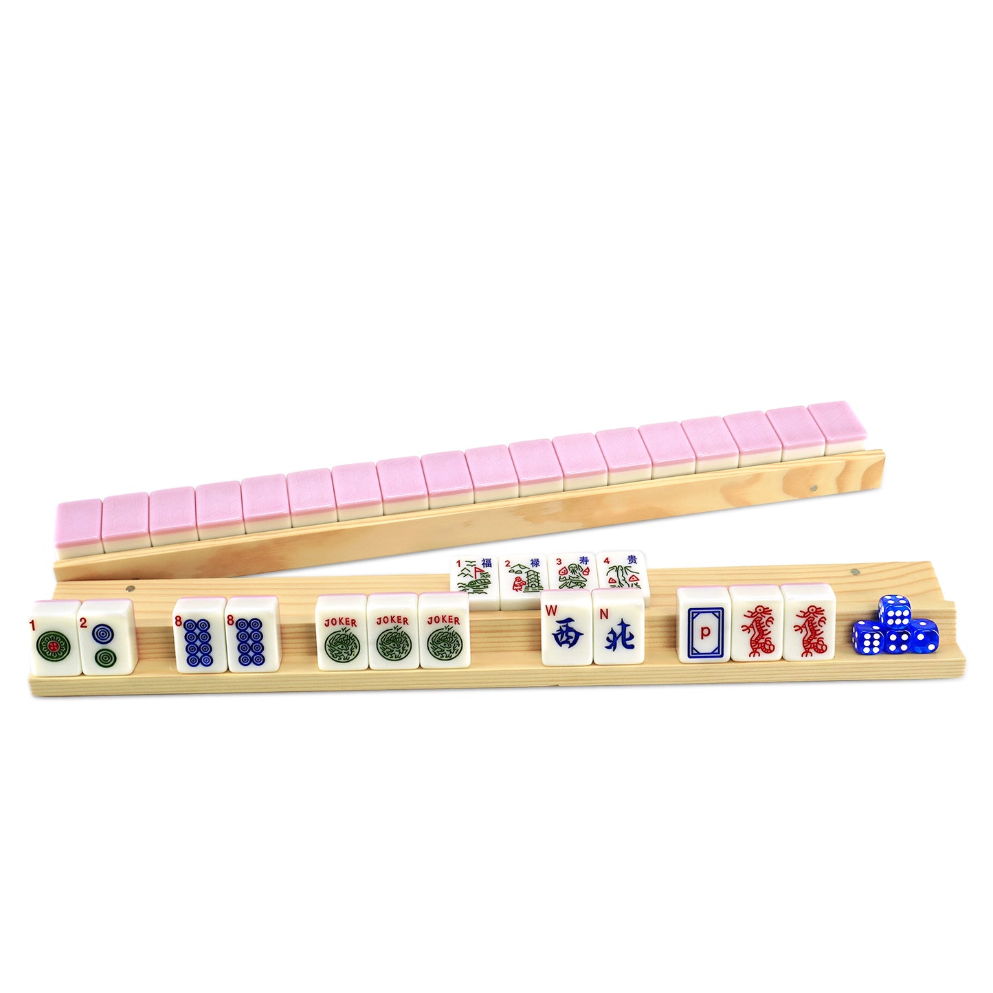 Two wooden mahjong racks with pink pushers from pink mahjong set