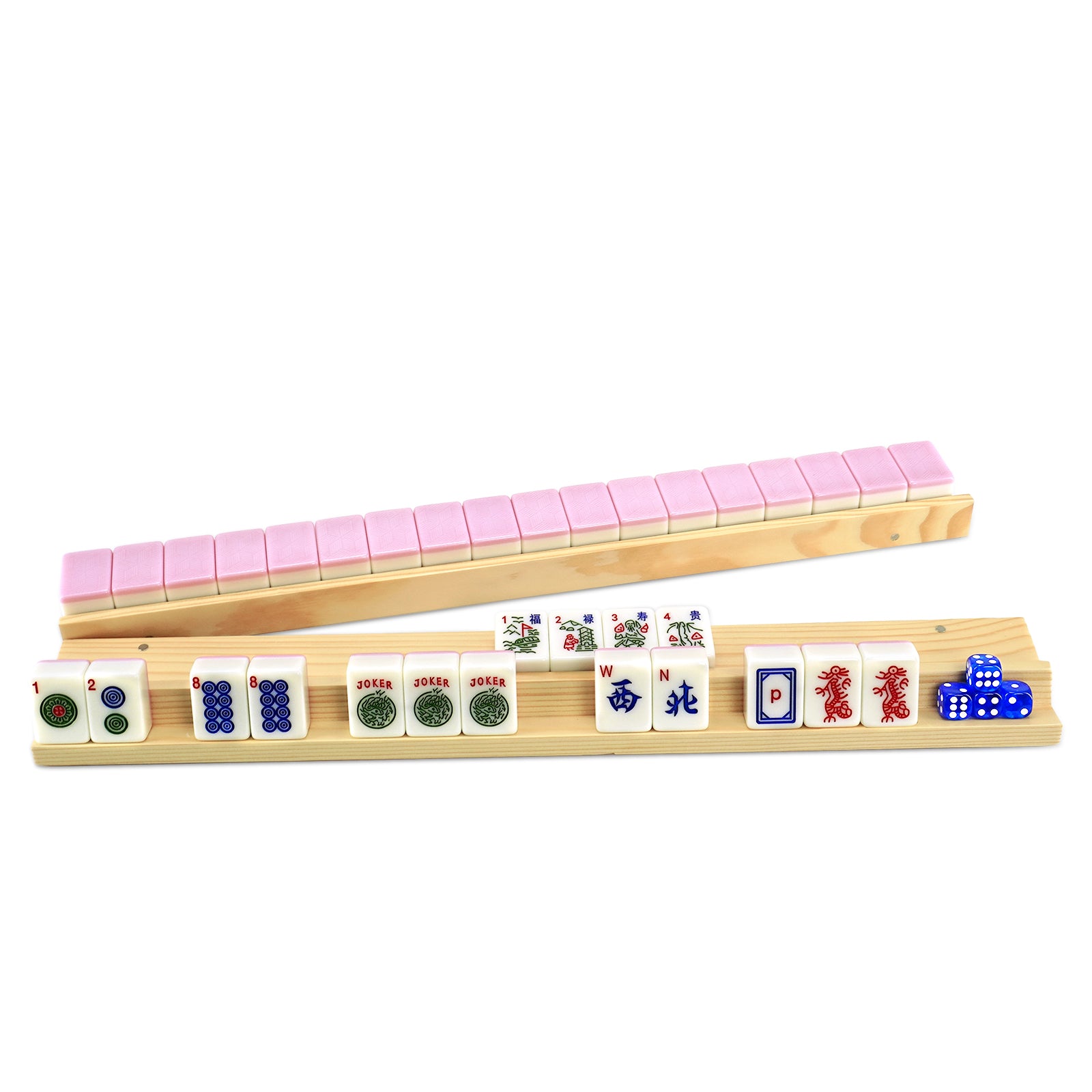 Two wooden mahjong racks with pink pushers from pink mahjong set