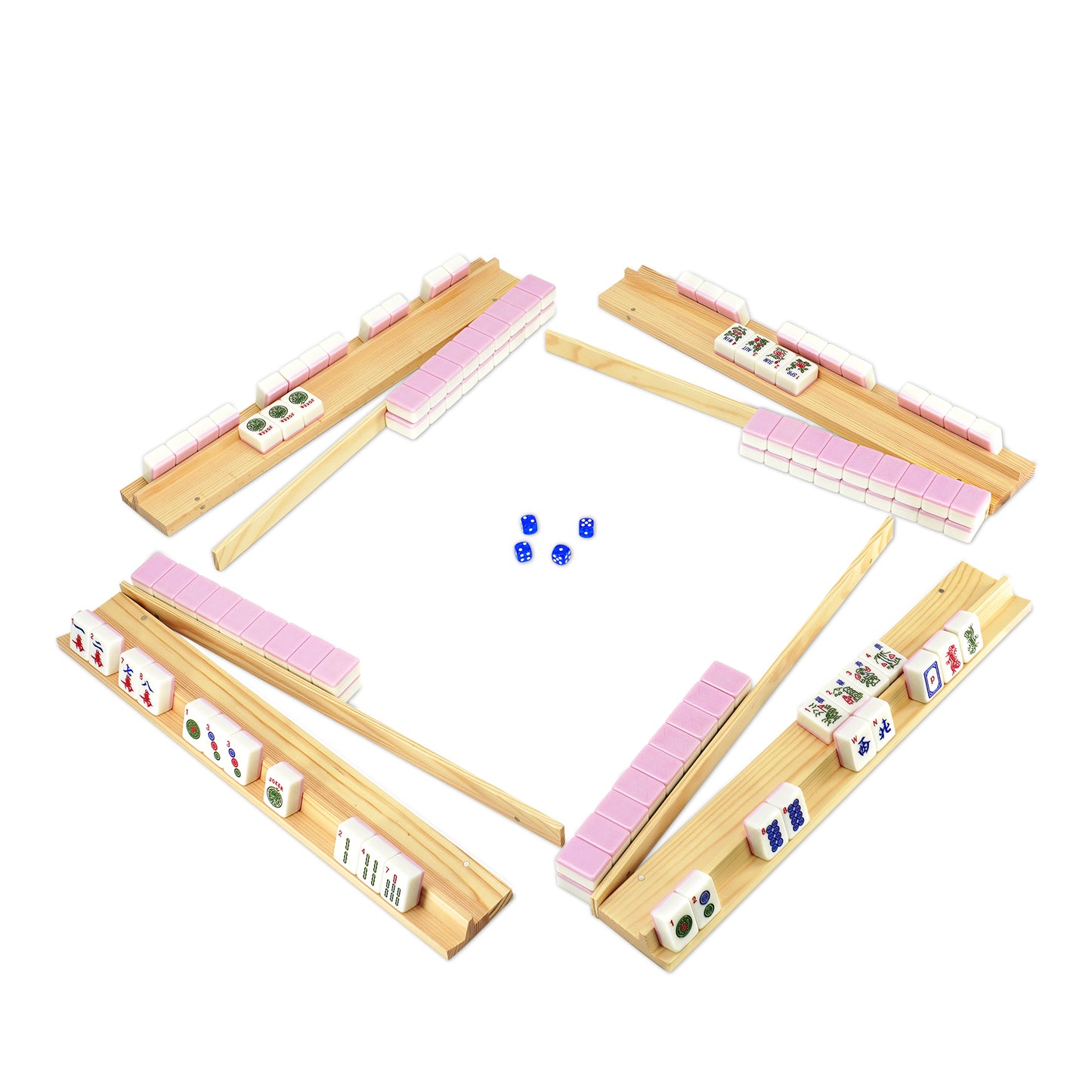Four player layout of pink mahjong set with wooden racks and dice