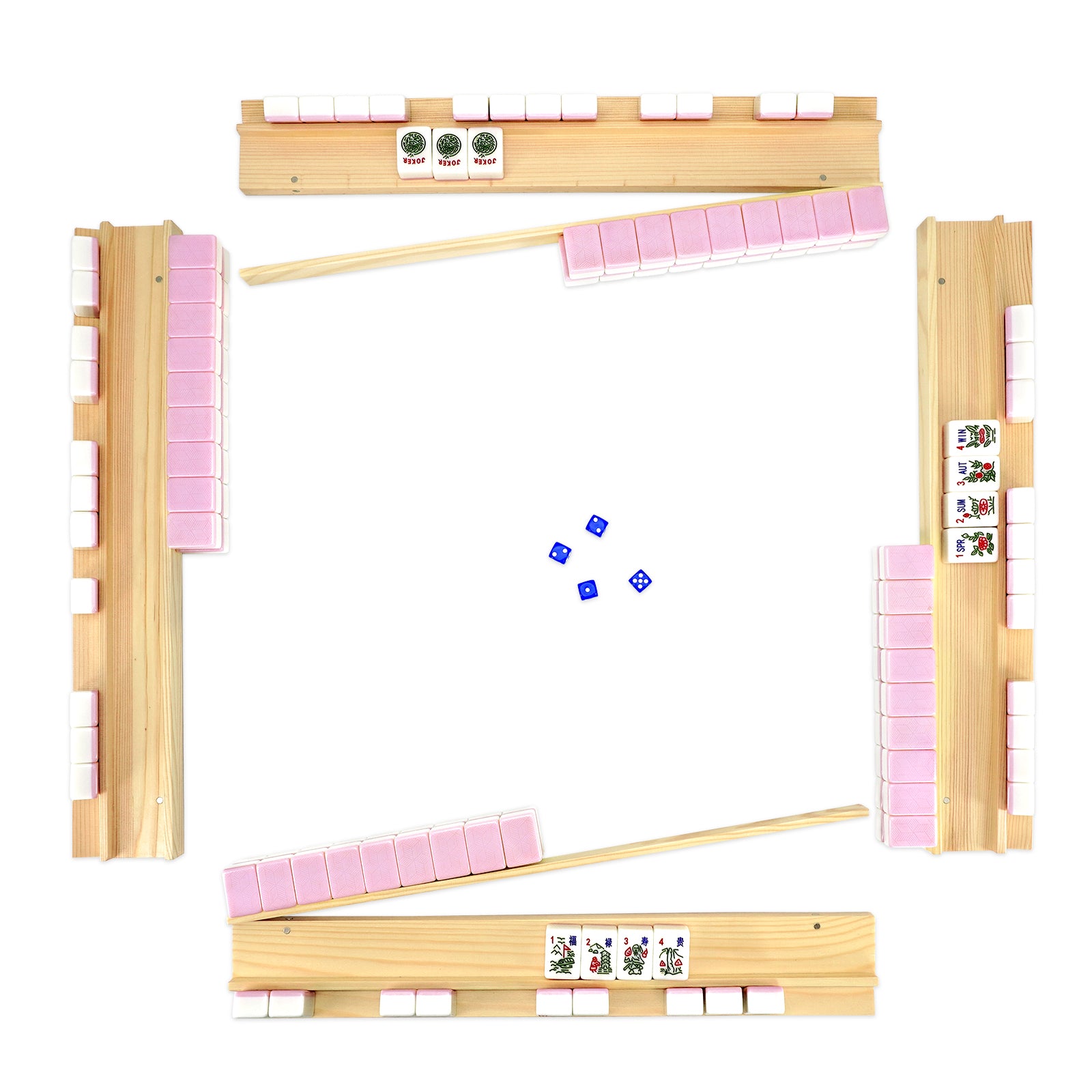 Pink mahjong set arranged for game play with wooden racks and tiles
