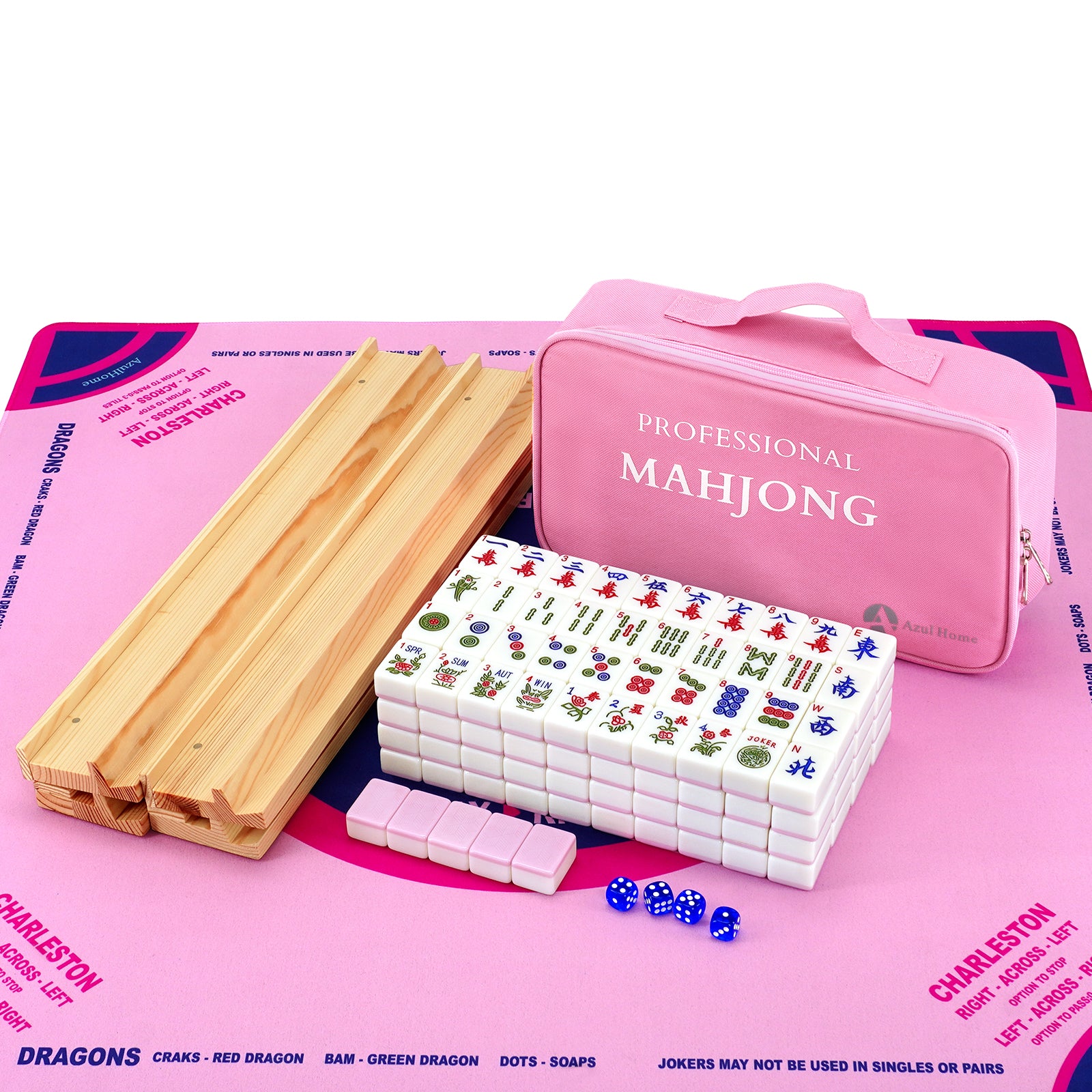 Pink American Mahjong set with wooden racks, play mat, tiles, and pink carrying case
