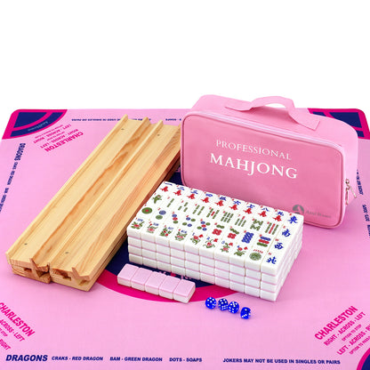 Pink American Mahjong set with wooden racks, play mat, tiles, and pink carrying case