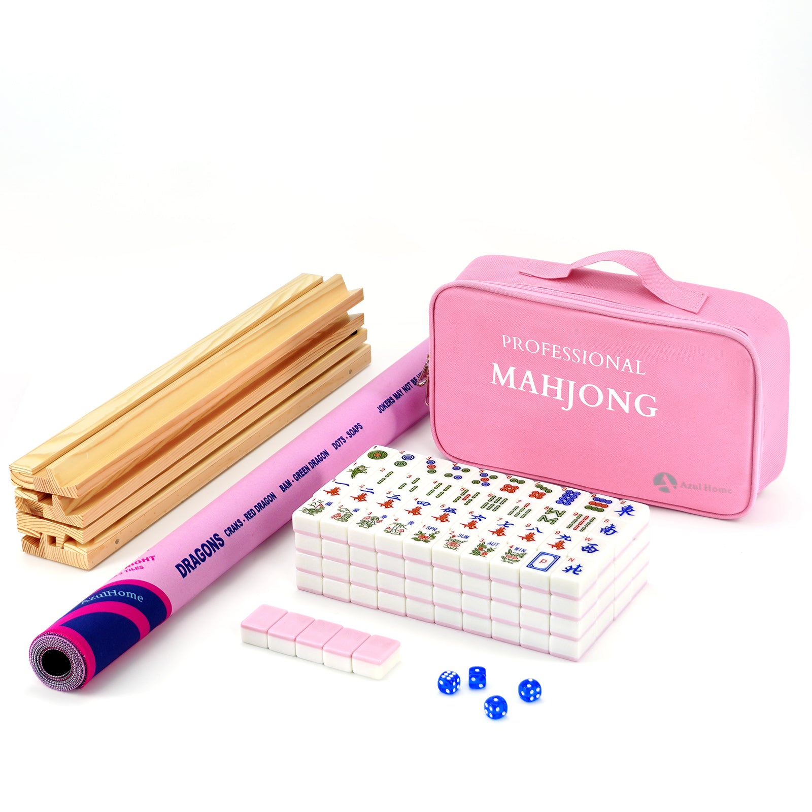 Complete pink mahjong set bundle with rolled play mat, wooden racks, tiles, and carrying case