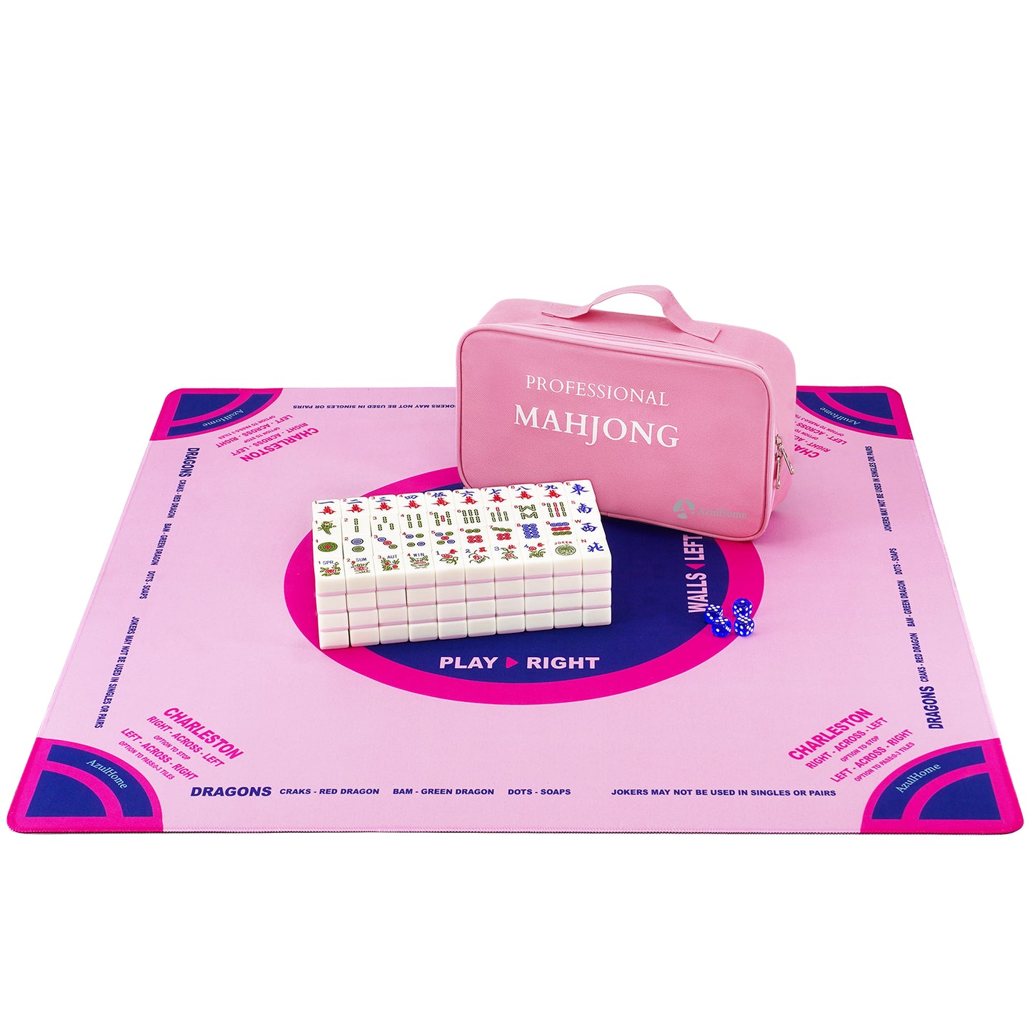 Pink mahjong tiles set displayed on pink play mat with carrying case
