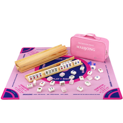 Pink mahjong set with play mat, wooden racks, tiles, dice, and carrying case for American Mahjong