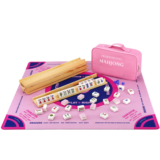 Pink mahjong set with play mat, wooden racks, tiles, dice, and carrying case for American Mahjong
