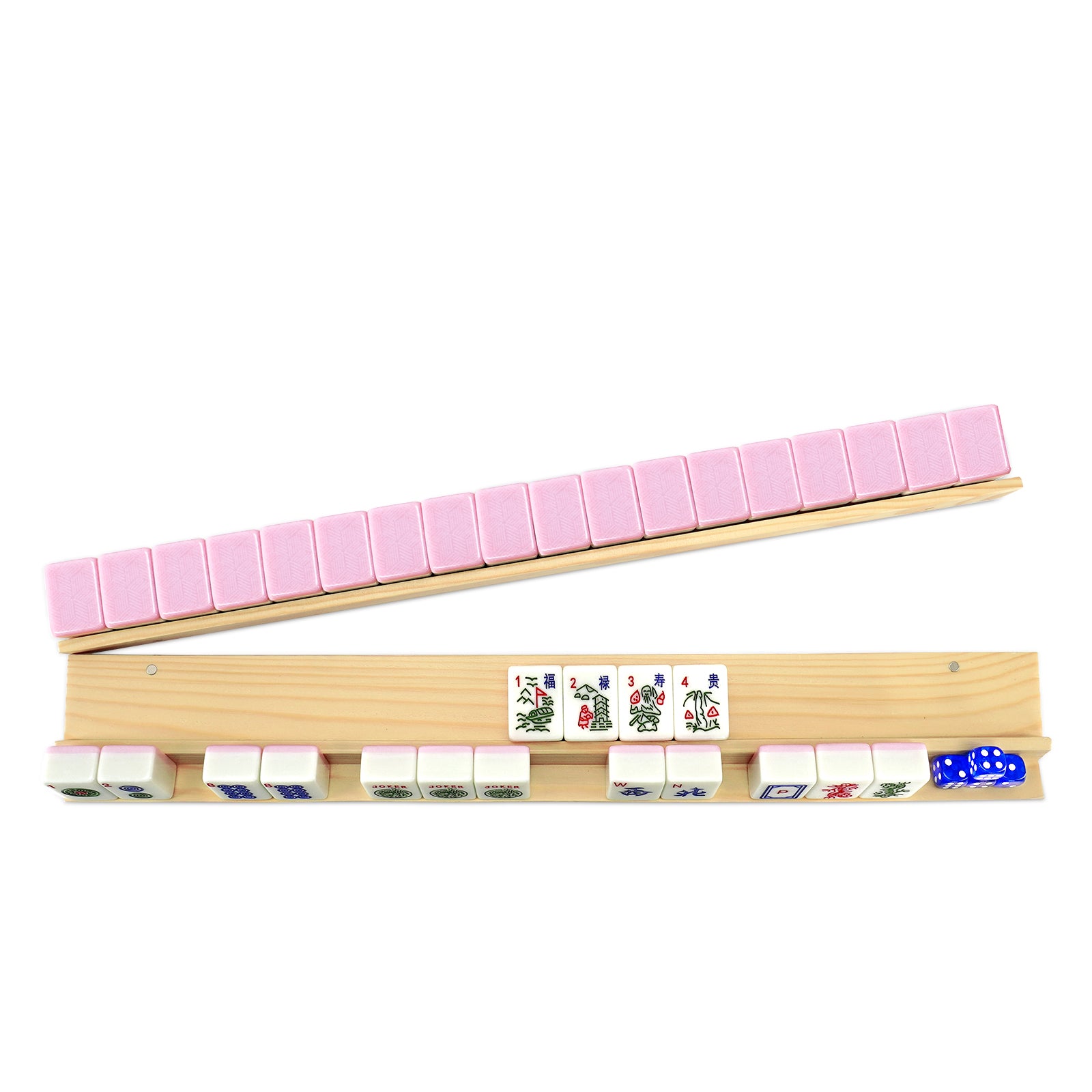 Side view of wooden mahjong rack with pink pusher and tiles