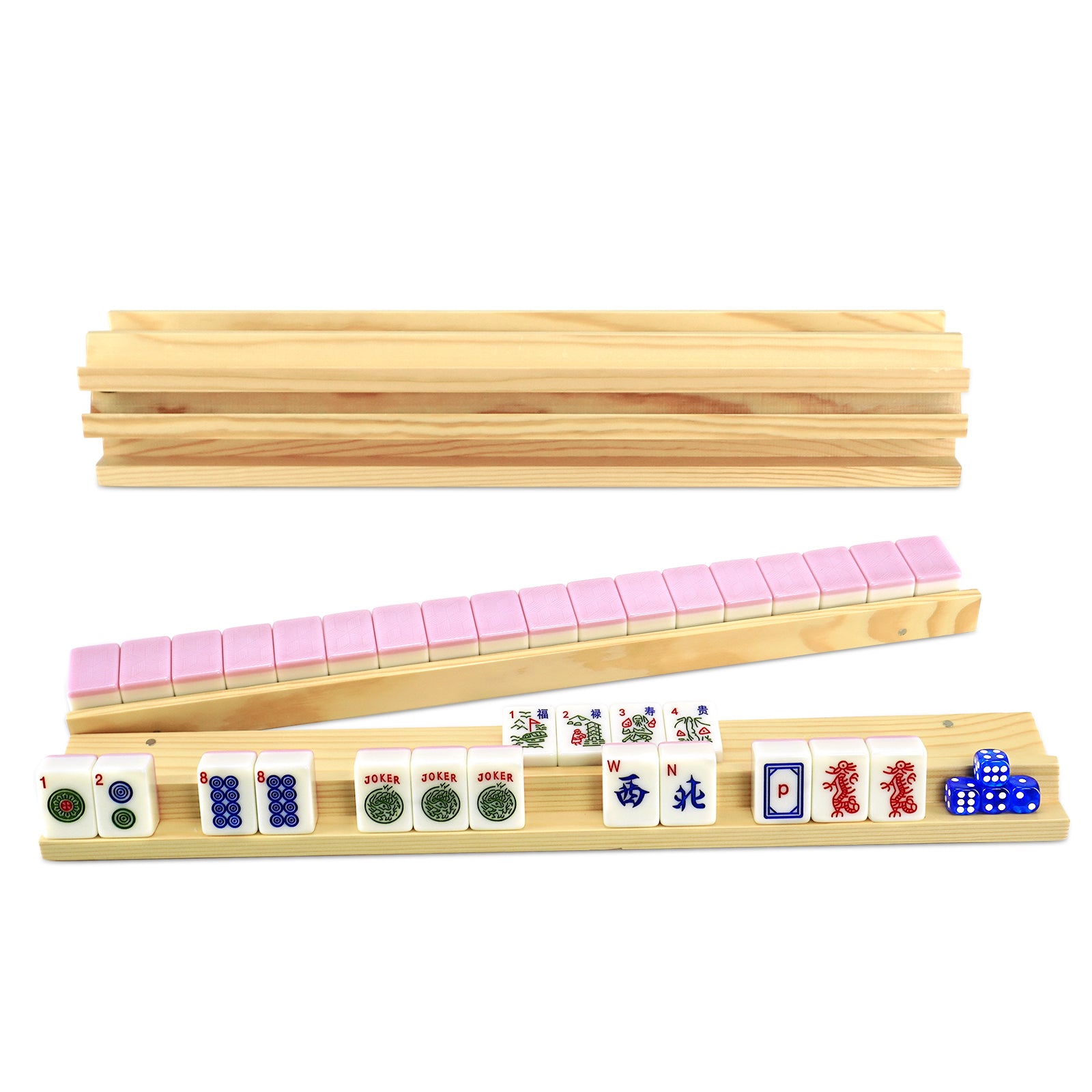 Stacked wooden mahjong racks with pink pushers for American Mahjong set